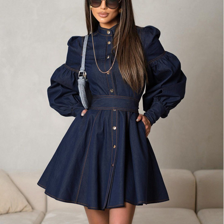 Women Denim Jean Shirt Dresses 牛仔衬衫裙灯笼袖系带气质时尚