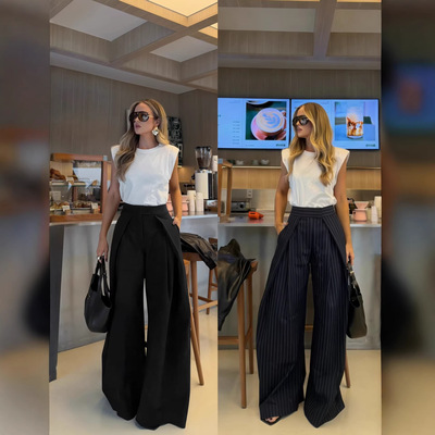 Women Long Trousers Casual Pants欧美春夏高腰褶裥休闲阔腿长裤