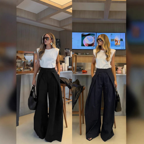 Women Long Trousers Casual Pants欧美春夏高腰褶裥休闲阔腿长裤