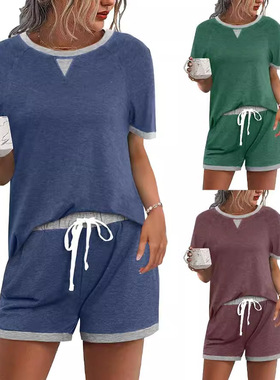 舒适拼色T恤上衣短裤两件套Women Clothes Sets TEES+Short Pants