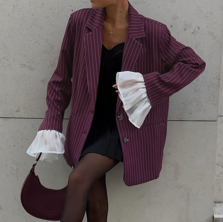 Women Suit Coat Outwear气质条纹西装外套女设计感蕾丝喇叭袖