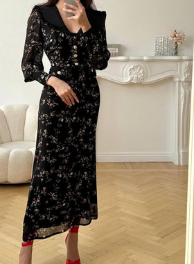 Women Floral Dresses Elegant荷叶边法式连衣裙气质高腰碎花长裙