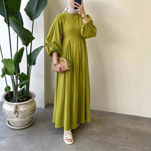 Women Middle East Solid Color Muslim Long Dresses长款连衣裙