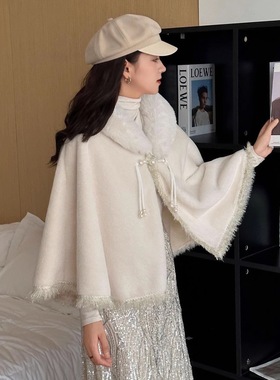 Women Poncho Cape Outwear流苏斗篷披肩大毛领皮草外套国风旗袍