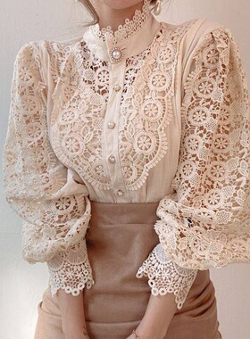 Women Shirts Lace Tops Female Blouse宽松别致立领蕾丝镂空衬衫