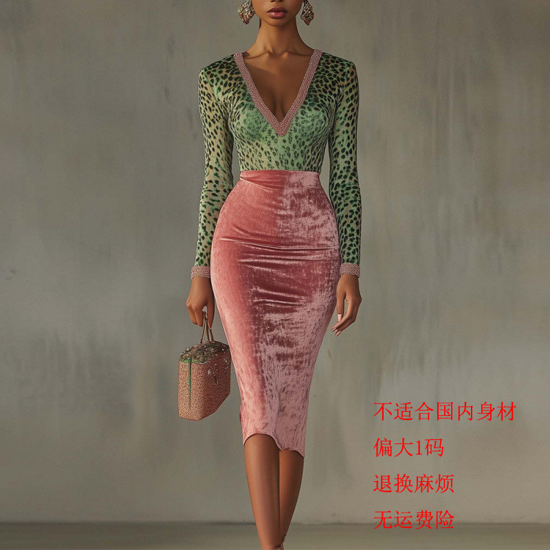 Women Dresses High Waist金丝绒拼接弹力修身包臀高腰连衣裙女图片