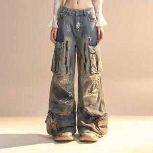 Women Denim Jeans Pants 多口袋设计感阔腿牛仔裤女显瘦工装裤