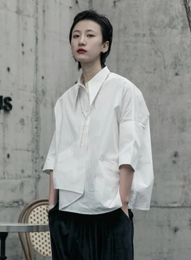 Women Shirts Summer慵懒风宽松短袖黑色衬衫女七分袖bf衬衣上衣