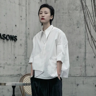 Women Shirts Summer慵懒风宽松短袖黑色衬衫女七分袖bf衬衣上衣