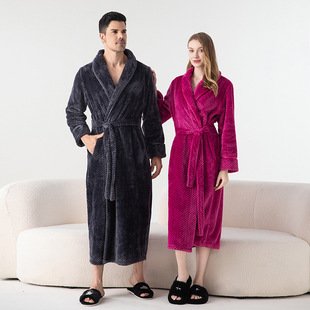 Winter Lover Solid Flannel Thicken Robe Sets Couple Bathrobe
