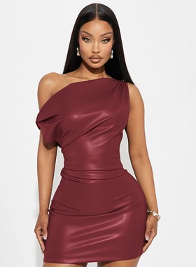 Women Dresses Elegant Off Shoulder PU Leather Night Club裙子