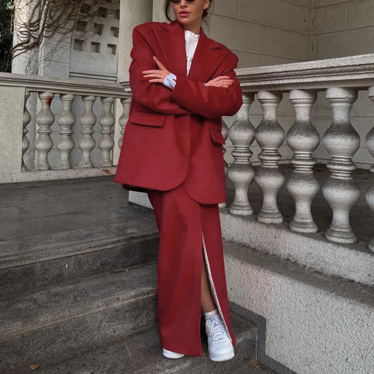 欧美女装气质通勤半身长裙套装西装外套感两件套Suit Coat+Skirt