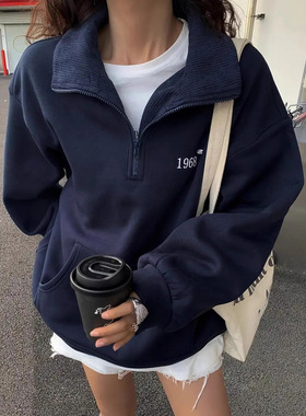 Women Sweater Pullover Top纯色长款运动卫衣长袖半拉链套头上衣