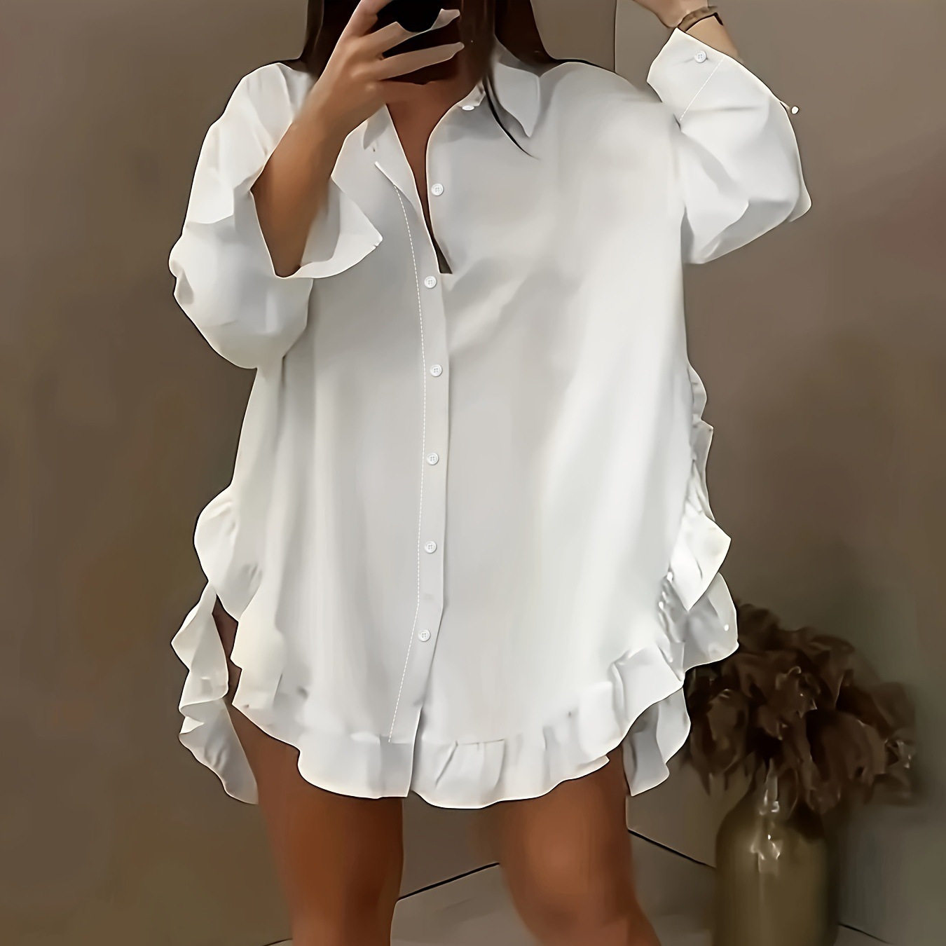 Fashion Women Shirt OL Summer女装纯色宽松荷叶边下摆宽松衬衫