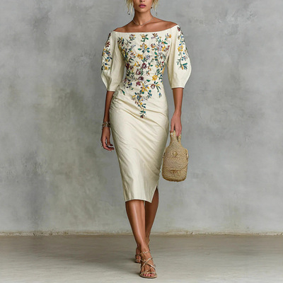 Women Dresses Off Shoulder Bodycon Lady Dress收腰包臀连衣裙