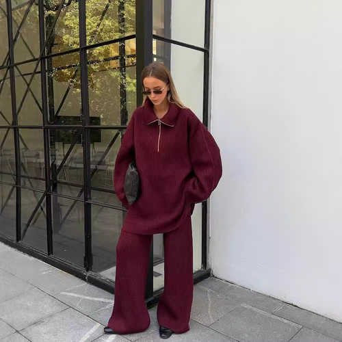 Women Knitted Sets Pullover+Pants时髦运动风穿搭慵懒毛织套装