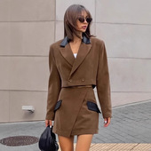 Suit 复古棕色呢绒西装 Coat Women Skirt Sets法式 套装 女外套短裙