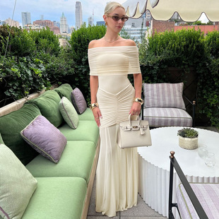 Women Sexy Dresses性感一字肩褶皱网纱拼接连衣裙 Shoulder Off