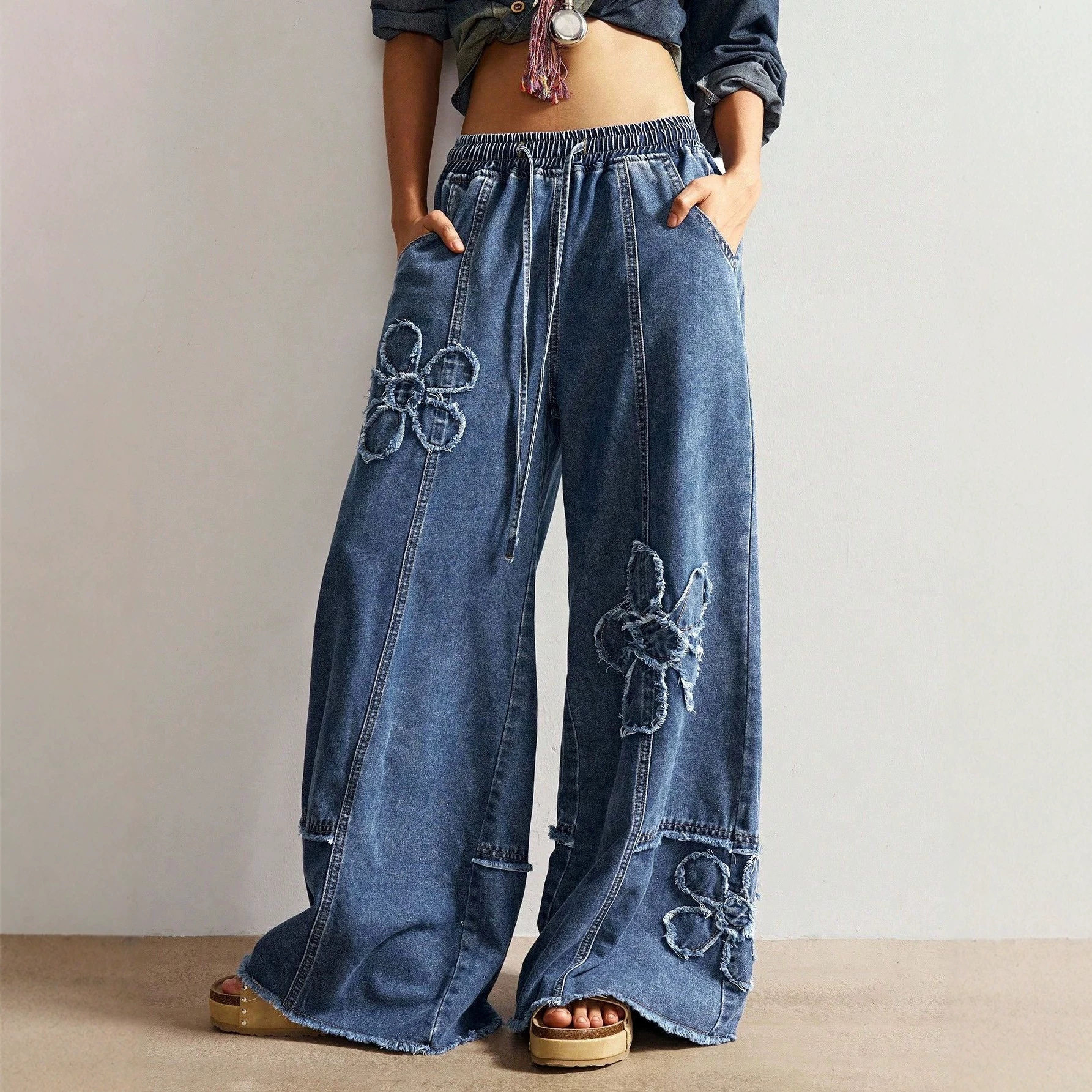 Women Denim Trousers欧美松紧腰抽绳阔腿牛仔裤花朵垂感拖地长裤