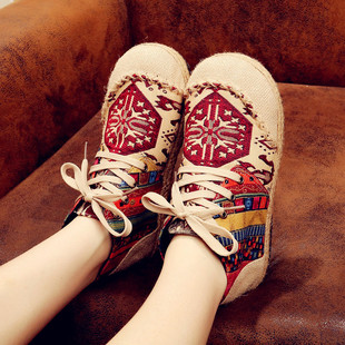 Short Ankle Linen Shoes短靴 Lace Cotton Boots Women Flat