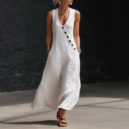 Summer Women Long Dresses欧美春夏季纯色扣子纯色背心连衣裙