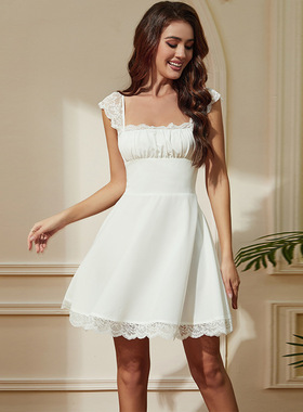 Women Dresses Elegant欧美连衣裙气质花边百褶短款方领吊带裙女