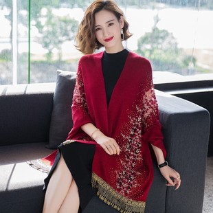 毛衣外套开衫 Women Shawl流苏针织披肩斗篷蝙蝠袖 Coat Cardigan
