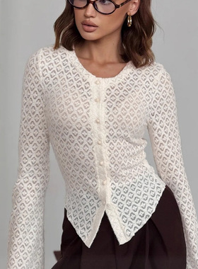 Women Spring Lace Cardigan Shirt通勤气质长袖显瘦喇叭袖衬衣