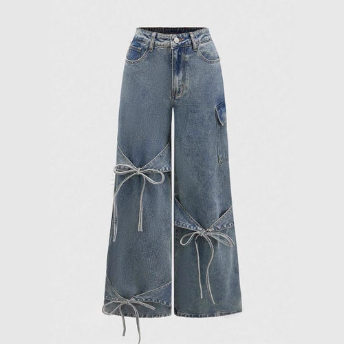 Women Denim Pants美式辣妹拼贴蝴蝶结牛仔裤女直筒裤宽松长裤