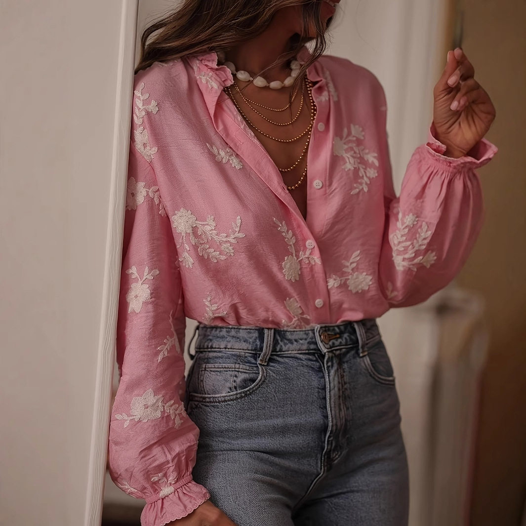 Women Shirts Print Ladies Blouse欧美印花上衣翻领灯笼袖衬衫