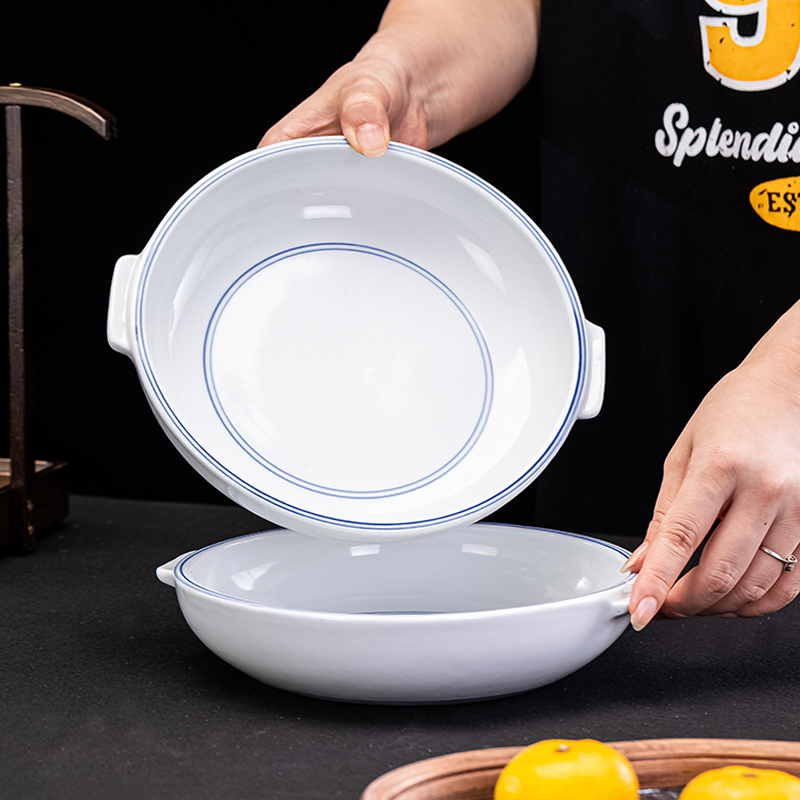 华轩陶瓷蓝边圆形双耳盘子深盘