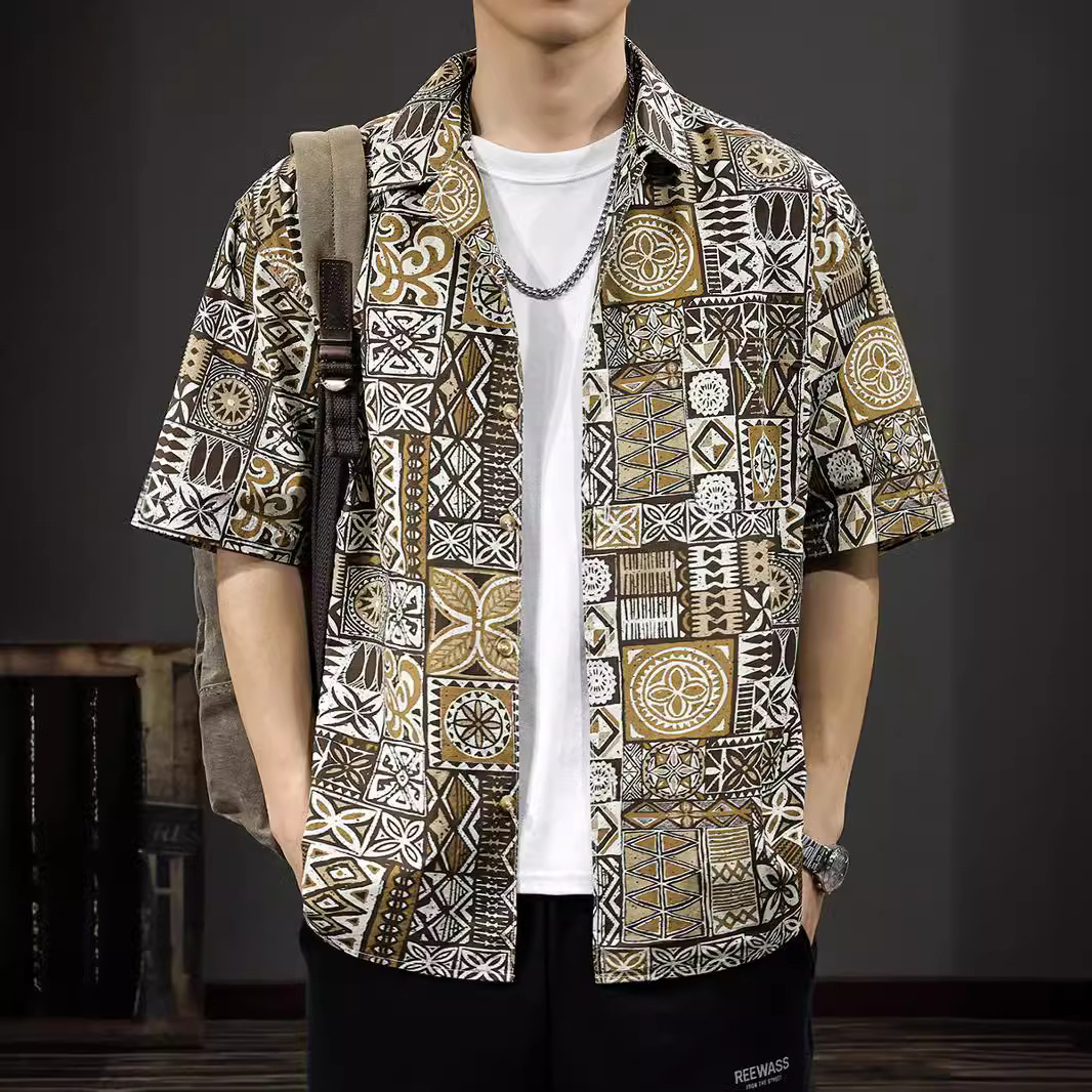 夏季古巴领满印花衬衫男痞帅复古