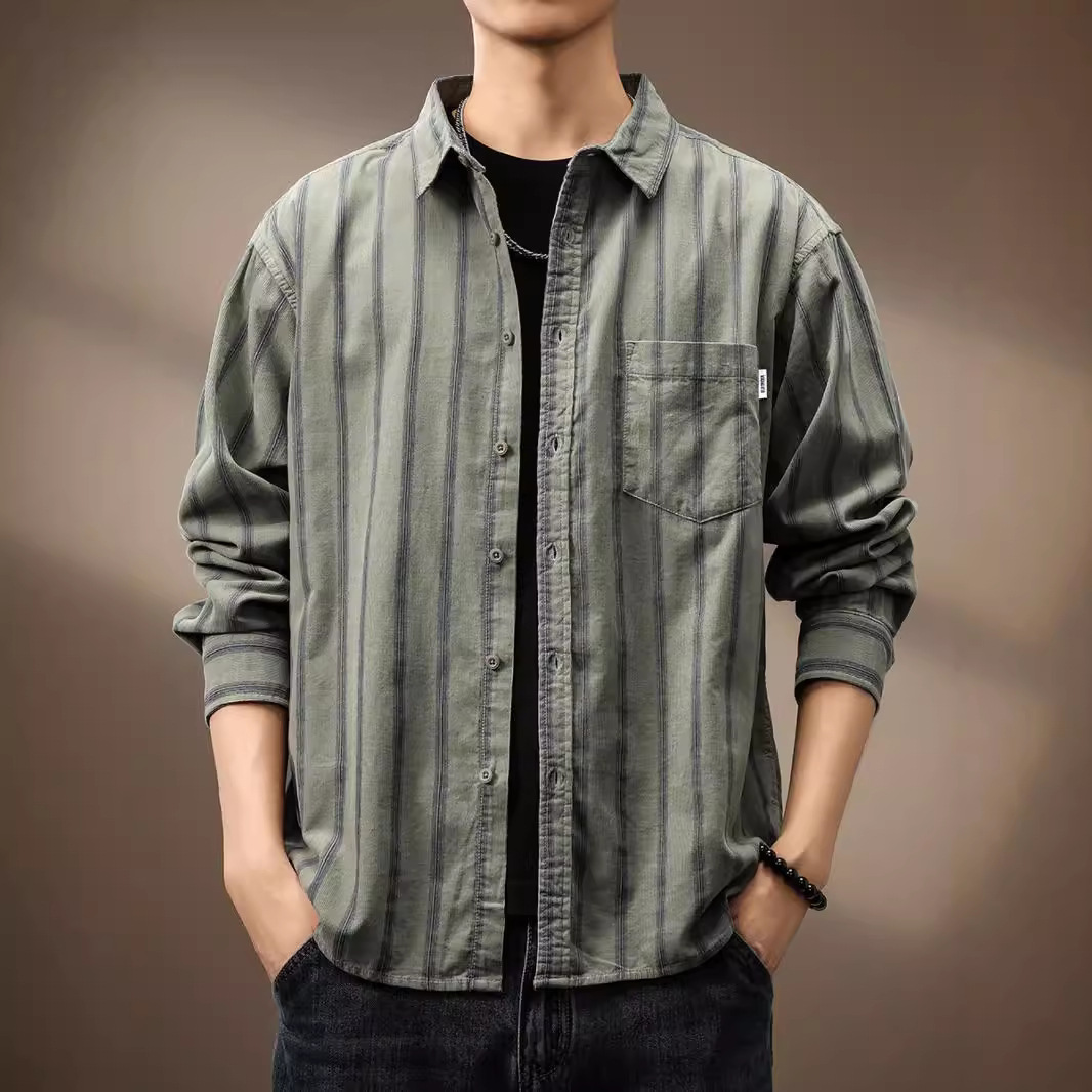 高端日系复古条纹衬衫男士秋季
