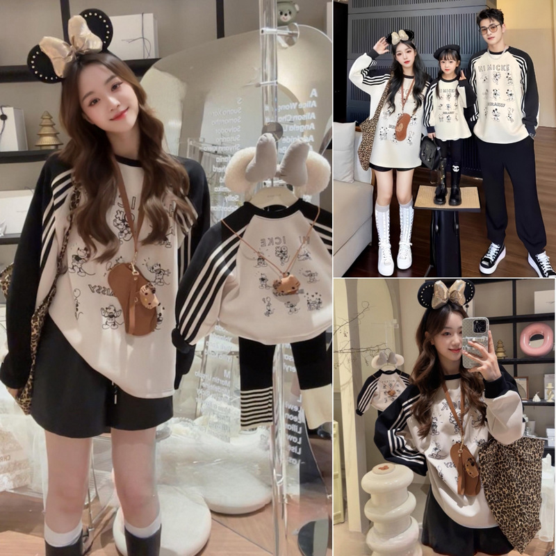 黑白卡通高端亲子装春秋卫衣一家三口插肩袖冬装母女网红潮牌外套
