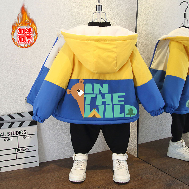 儿童秋冬新款韩版卡通小熊字母印花加绒加厚连帽外套时尚宽松棉服