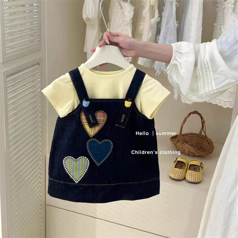 女童牛仔连衣裙夏季裙子套装2025新款女宝宝时髦背心裙T恤衫