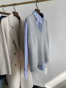 阿力欧力灰色v领针织纯山羊绒马甲女款春秋坎肩外穿内搭毛衣背心