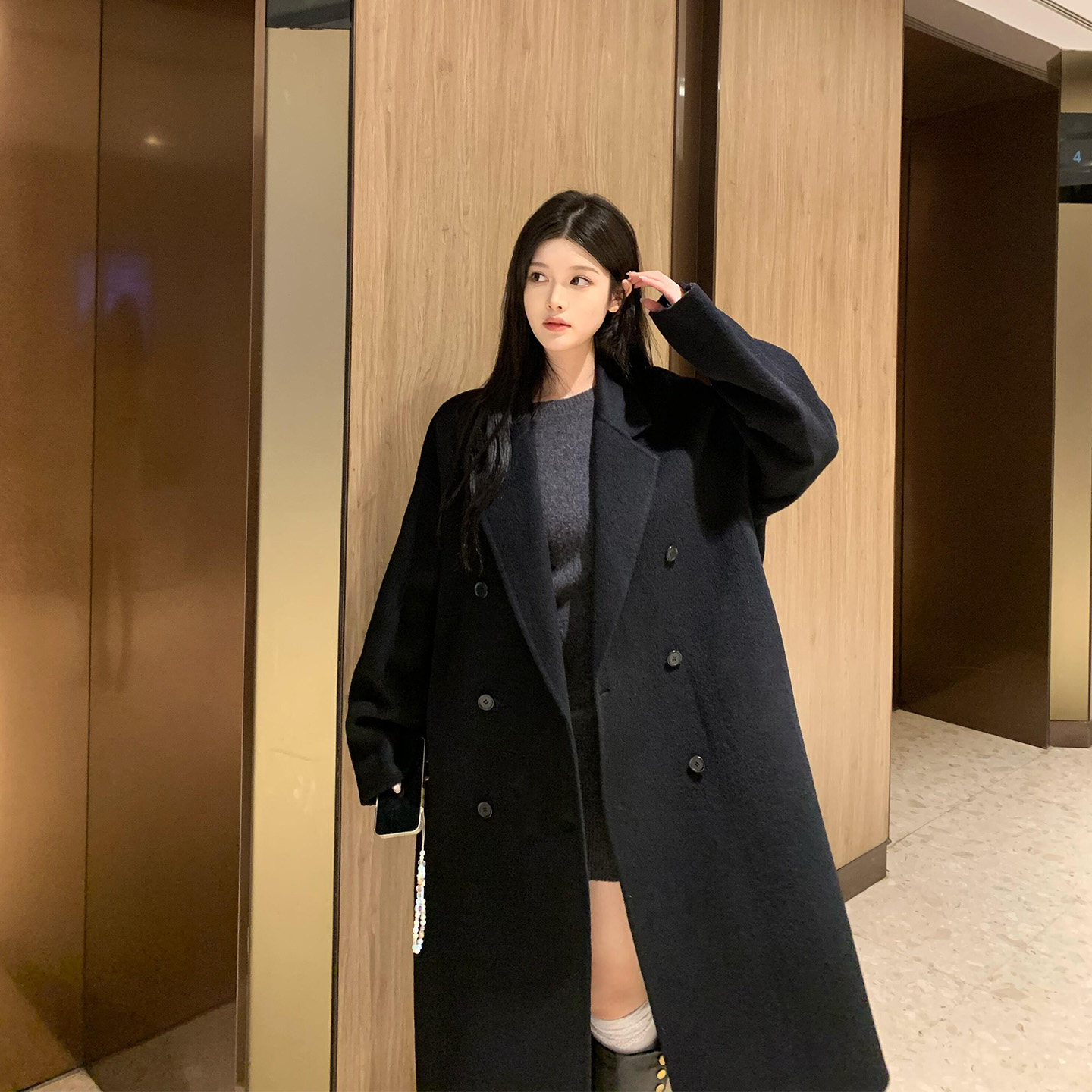 黑色新款双面羊绒呢子大衣女慵懒风中长款小个子高级感羊毛呢外套