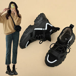 ZHR保暖女鞋厚底老爹鞋2023冬季新款加绒运动鞋包跟休闲黑色鞋子