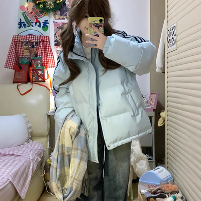 美式条纹立领棉服女大童冬款季新款初中高中学生宽松款面包服外套