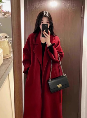 红色羽绒服女2024秋冬季感羽绒内胆双面羊绒毛呢大衣加厚外套