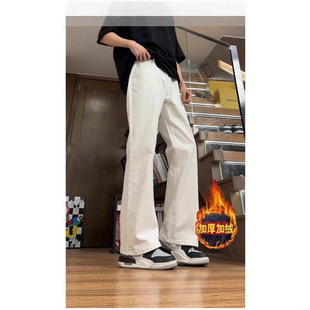 微喇弯刀牛仔裤男修身直筒美式高街加绒加厚显高不贴腿弯刀长裤