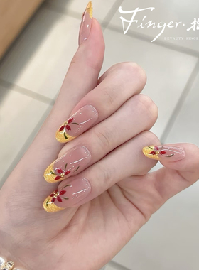 金枝玉叶金箔手绘樱花法式美甲