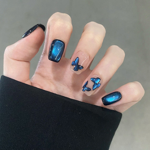 夏日爆款 气质显白幽蓝蝴蝶猫眼美甲成品手工定制穿戴甲防水可拆卸