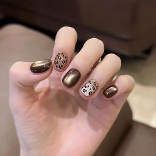 可拆卸 美甲成品手工定制穿戴甲法式 秋日新款 巧克力豹纹猫眼短款