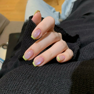 夏日新款 猫眼美甲成品手工定制穿戴甲防水可拆卸 清新显白奶绿法式