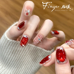 2025新款 灯红焰火气质显白爆闪红色猫眼新年美甲手工定制穿戴甲