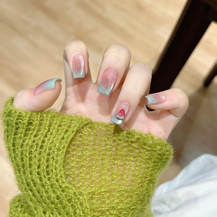 夏日碎冰冰氛围感美甲清凉西瓜显白猫眼美甲成品手工定制穿戴甲