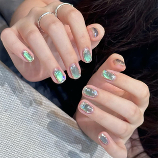 夜影星竹夏日爆闪气质显白绿宝石猫眼美甲成品手工定制穿戴甲拆卸