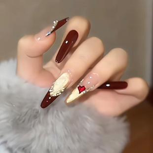 秋冬新年氛围感美甲红法式 金光猫眼美甲成品手工定制穿戴甲可拆卸